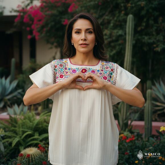 Mexican Embroidered Blouse – Handmade Otomi Floral & Design Large 28 X 23 IN - Picture 9 of 9